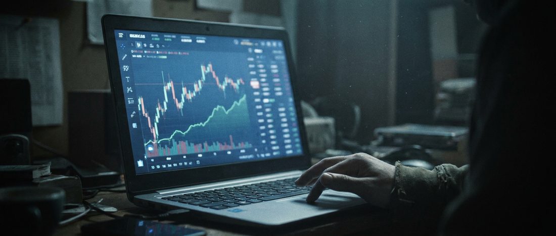 A laptop in a dark room showing a trading interface with a rising balance
