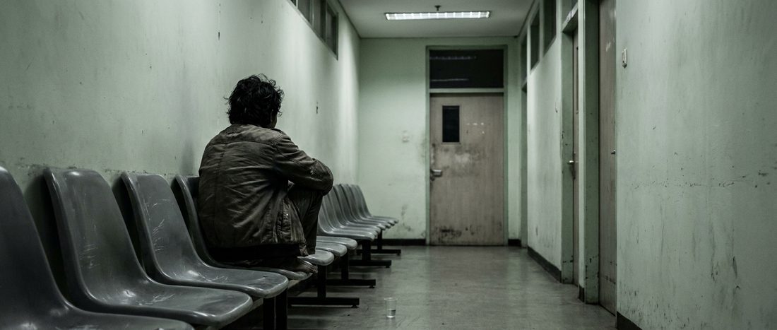 A person waiting alone in an empty institutional corridor