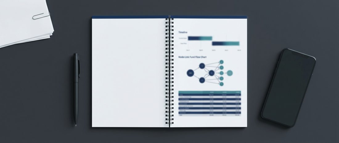 An open investigation report showing a timeline and a fund flow chart