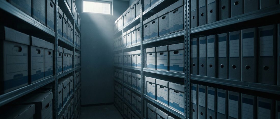 Rows of labelled case files on shelving in a records room