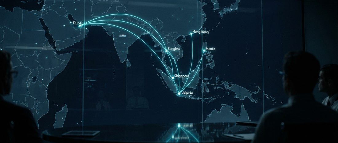 A dark operations display showing routes between Jakarta and other Asian cities