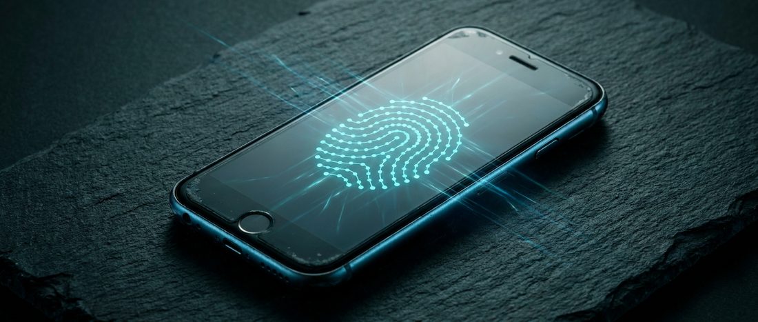 A phone on a dark surface showing a glowing digital fingerprint pattern