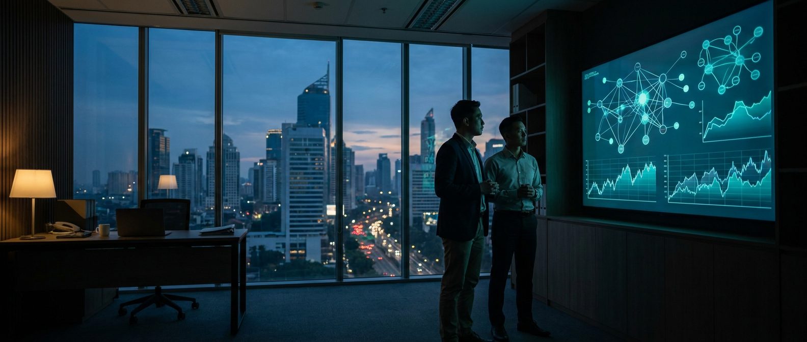 Two analysts reviewing a fund flow graph on a wall display in a Jakarta office